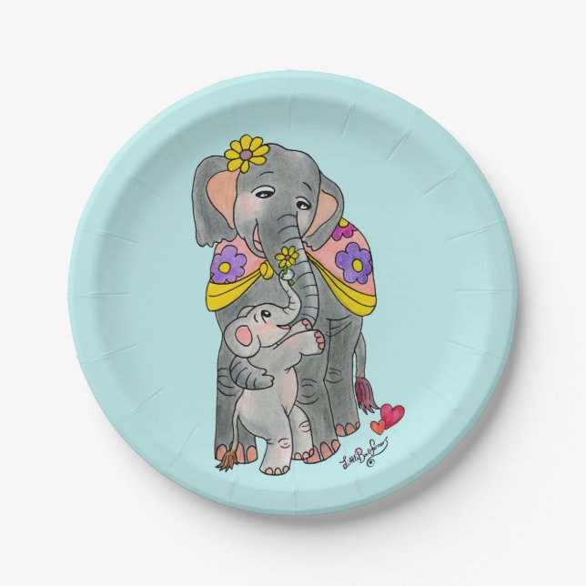 Elephant Mama und Baby Party Teller Blue (Vorderseite)