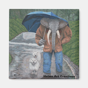 Elephant Man Dog Walking Fantasy Art Button Magnet