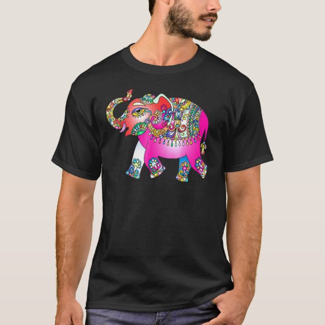 Elephant Mandala - Farbenfrohe Regenbogenpsychedel T-Shirt (Vorderseite)