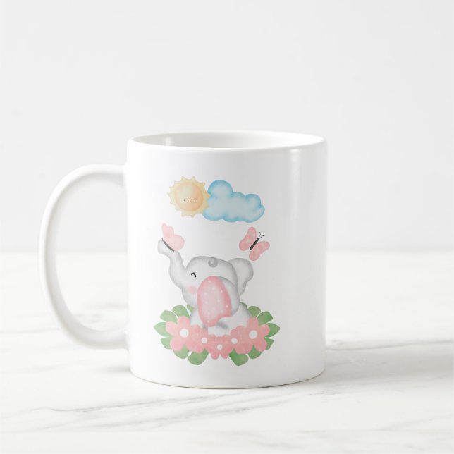 Eléphant mignon bébé avec fleurs roses Mug (Gauche)