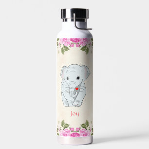 Eléphant mignon et Fleurs roses Bouteille d'eau