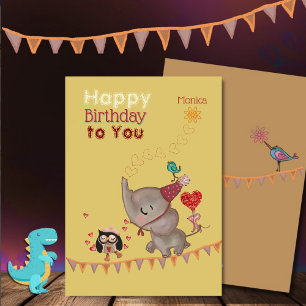 Eléphant mignon & Souris Carte Jaune d'anniversair