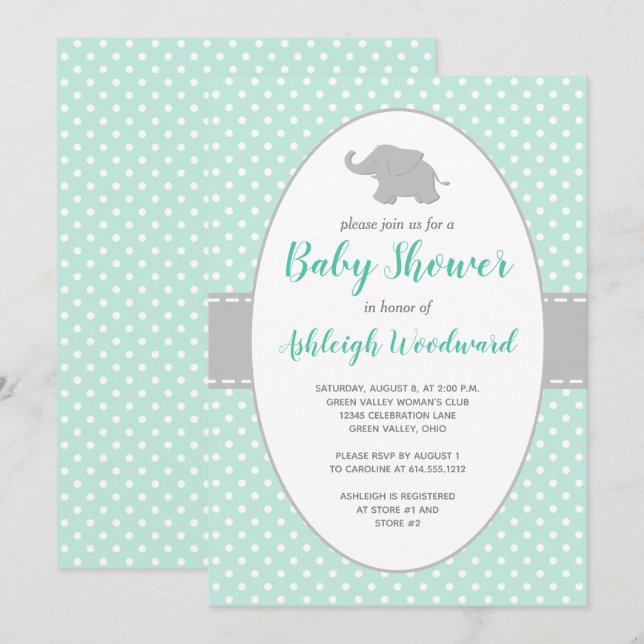 Elephant Mint Green Gray Polka Dot Baby Dusche Einladung (Vorne/Hinten)