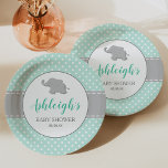 Elephant Mint Green Gray Polka Dot Baby Dusche Pappteller<br><div class="desc">Diese geschlechtsneutrale Babyduschpapiertafel ist mit einem niedlichen grauen Babyelefanten versehen, der auf einem grauen weißen Kreis silhoutiert ist. Der Name der künftigen Mutter erscheint in minzgrün-kursiver Schrift-Typografie, mit den Worten "Baby Shower" und dem Datum unten in dunkelgrau. Der grün geprägte Polka-Punktmuster-Hintergrund wird durch ein graues Band-Design mit einem gestrichelten weißen...</div>