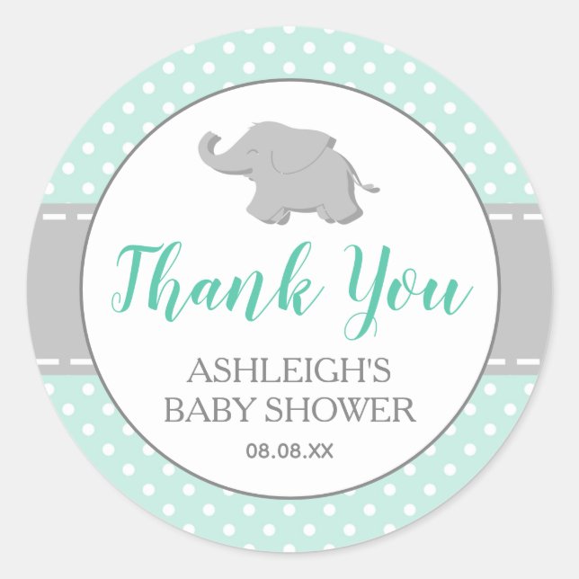 Elephant Mint Green Polka Dot Baby Dusche Runder Aufkleber (Vorderseite)