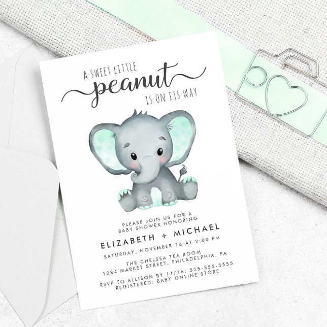 Elephant Mint Green Watercolor Paares Babydusche Einladung (Von Creator hochgeladen)