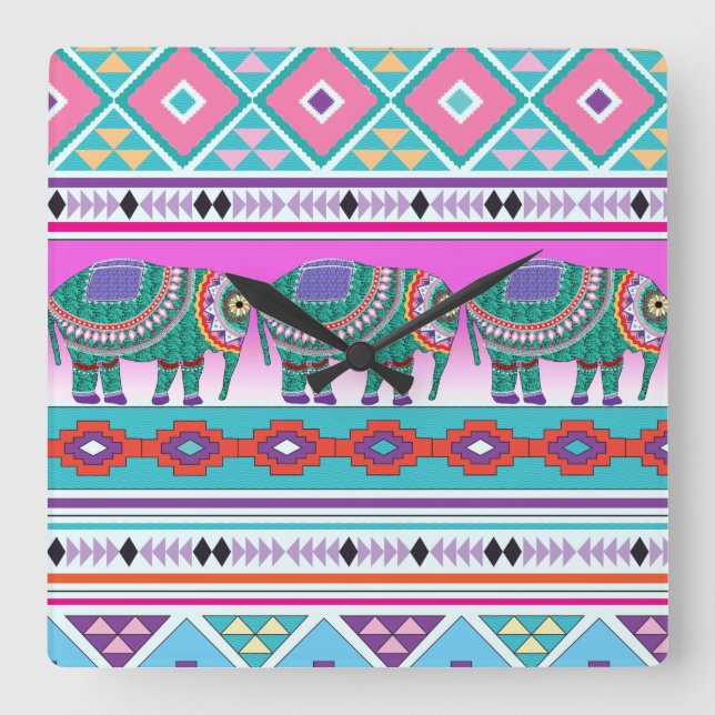 Elephant mit Azteken-Muster Quadratische Wanduhr (Vorderseite)