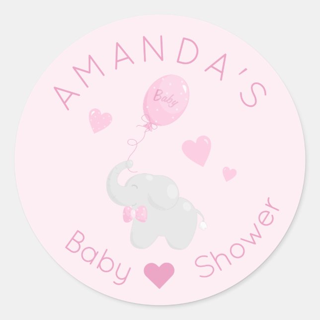 Elephant mit Balloon Baby Shower Girl Runder Aufkleber (Vorderseite)