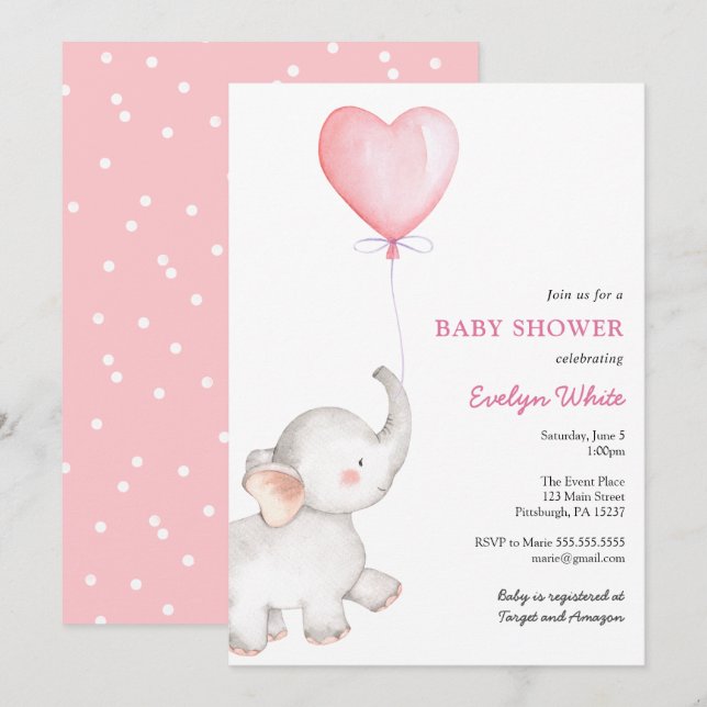 Elephant mit Pink Balloon Baby Dusche Einladung (Vorne/Hinten)