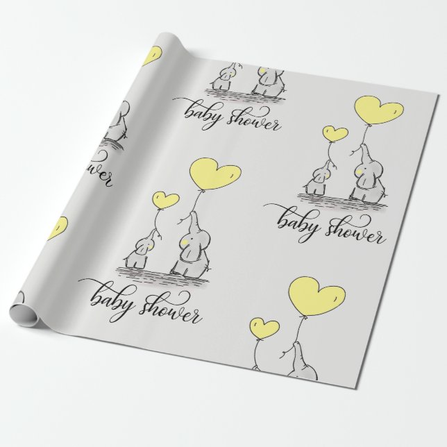 Elephant Mommy & Baby Dusche Grau gelb Geschenkpapier (Ungerollt)