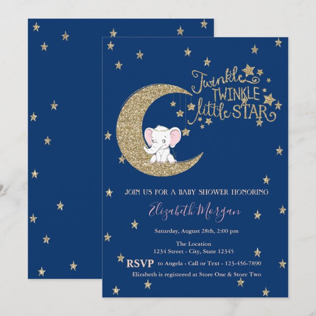 Elephant, Mond, Star Twinkle Kleine Babydusche Einladung (Vorne/Hinten)