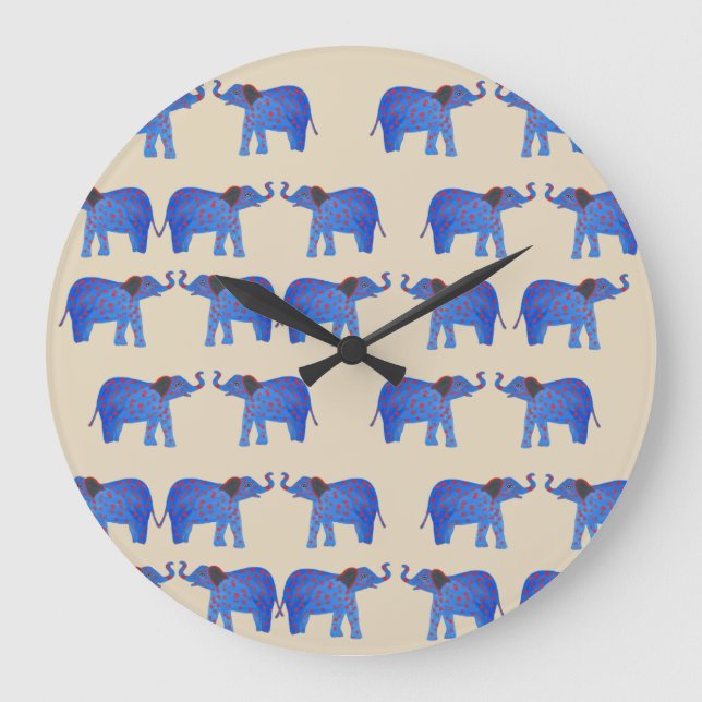 Elephant Mood Wall Clock, Blaues Elefantenmuster Große Wanduhr (Vorderseite)
