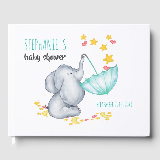 Elephant Moon and Stars Wasserfarbe Babydusche Gästebuch (Vorderseite)