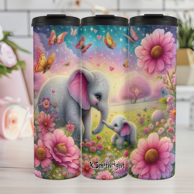 Elephant Mother and Baby in Blume Meadow Thermosbecher (Von Creator hochgeladen)