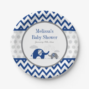 Elephant Navy Blue Gray Baby Shower Pappteller