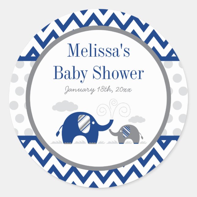 Elephant Navy Blue Gray Baby Shower Runder Aufkleber (Vorderseite)