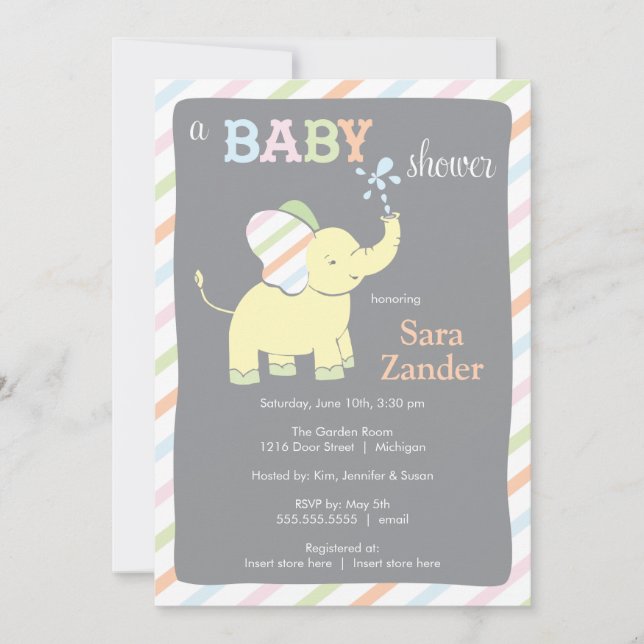 Eléphant neutre| Invitation Baby shower (Devant)