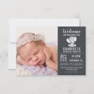 Elephant New Baby Girl Chalkboard Foto Birth Ankündigung