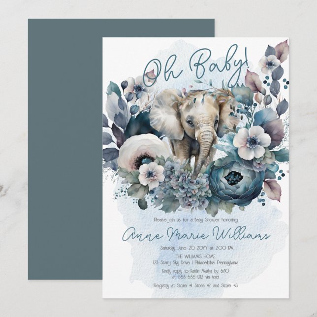 Elephant Oh Baby Blue Floral Baby Dusche Einladung (Vorne/Hinten)