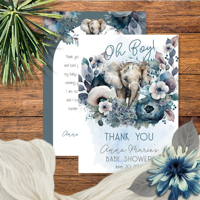 Elephant Oh Boy Blue Floral Baby Dusche Dankeskarte (Von Creator hochgeladen)