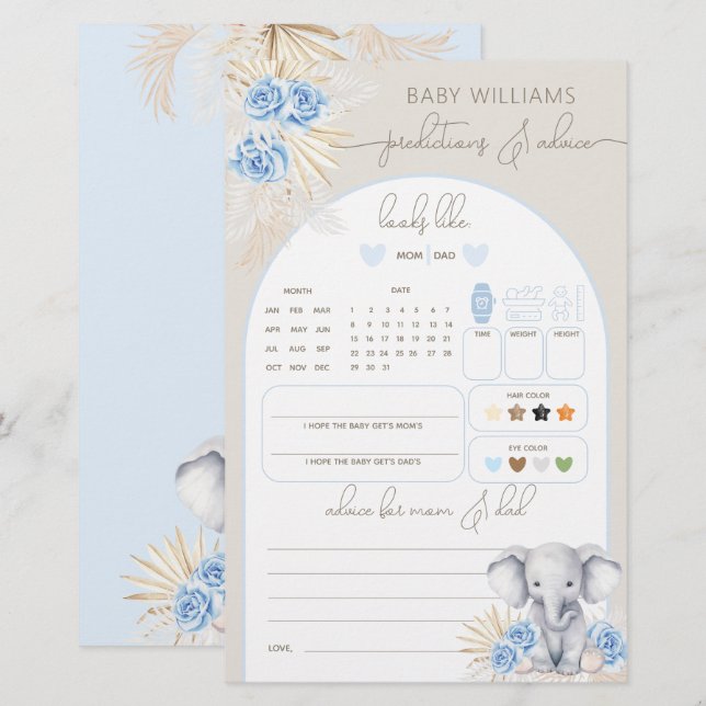 Elephant Oh Boy Safari Baby Shower Prediction Game (Vorne/Hinten)
