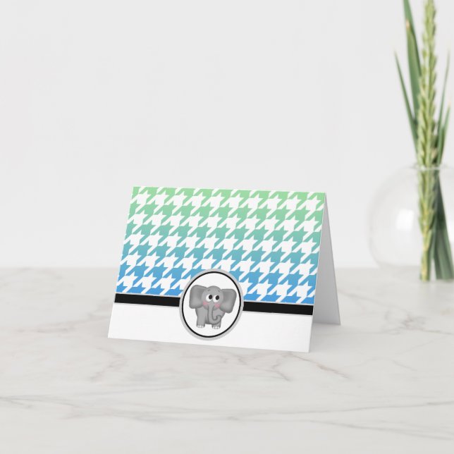 Elephant Ombre Green Blue Hahnentrittmuster Cards Dankeskarte (Vorderseite)