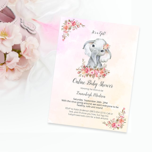 Elephant Online Baby Shower Boho Chic Coral Postkarte (Von Creator hochgeladen)