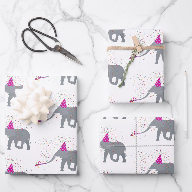 Elephant Partying - Tiere mit Party Geschenkpapier Set (Vorderseite)