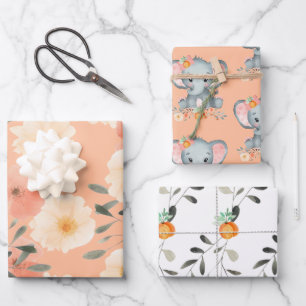 Elephant Peach Fuzz Babydusche Niedlich Girly Flor Geschenkpapier Set