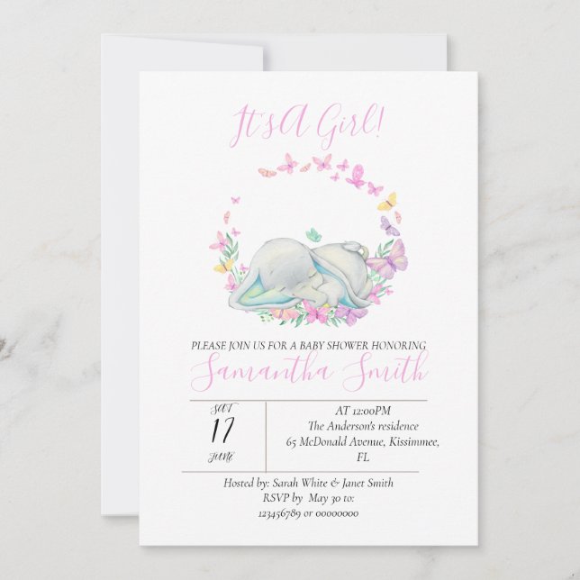 Elephant Pink Baby Shower Butterfliegen Einladung (Vorderseite)