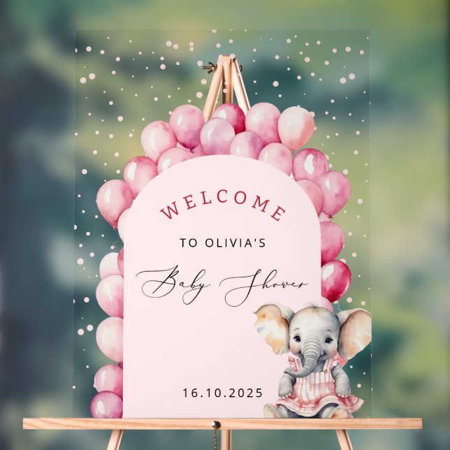 Elephant Pink Balloon Girl Baby Dusche Willkommen Acrylschild (Neutral)