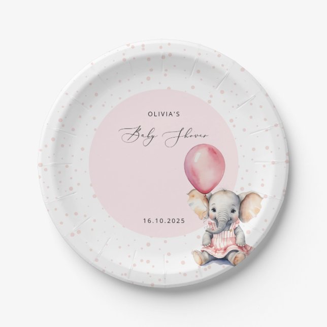Elephant Pink Balloon Girl Baby Dusche Willkommen Pappteller (Vorderseite)