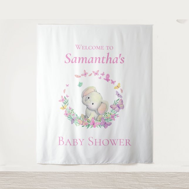 Elephant Pink Butterflies Babydusche Hintergrund Wandteppich (Vorderseite)
