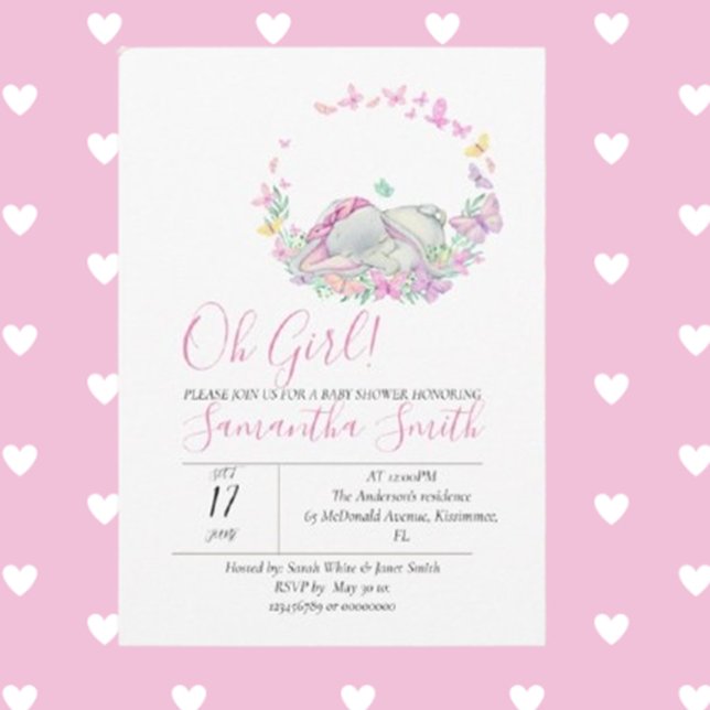 Elephant Pink Butterflies Kinderdusche Einladung (Celebrate your little one with our Elephant Pink Butterflies Baby Shower Invitation)