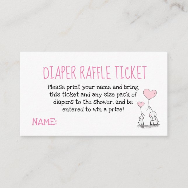 Elephant Pink Diaper Raffle Ticket Baby Dusche Begleitkarte (Vorderseite)