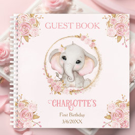 Elephant Pink Floral 1. Geburtstag Name Gästebuch Notizbuch