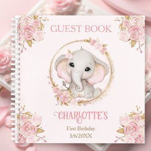 Elephant Pink Floral 1. Geburtstag Name Gästebuch Notizbuch