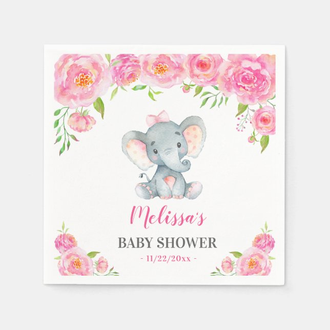 Elephant Pink Floral Baby Dusche Sprinkle Serviette (Vorderseite)