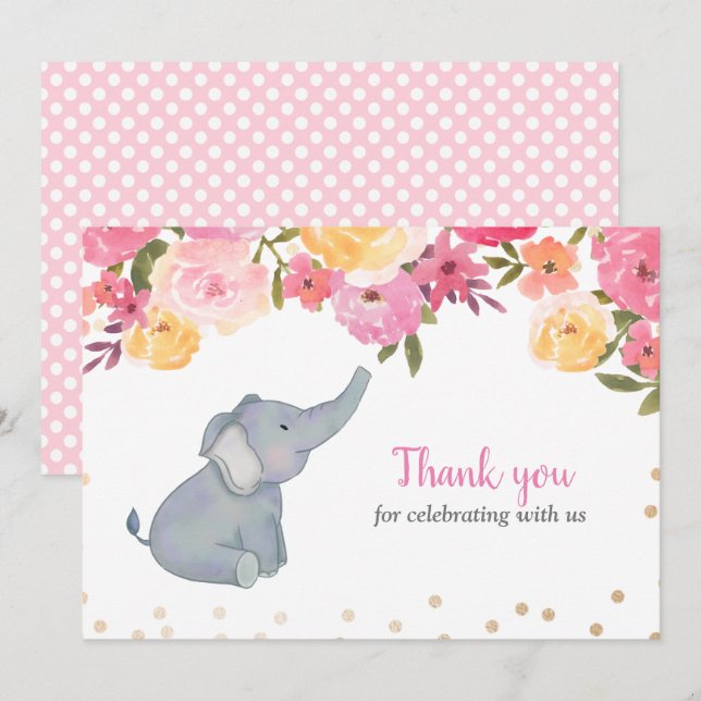 Elephant Pink Floral Baby Dusche Vielen Dank Einladung (Vorne/Hinten)