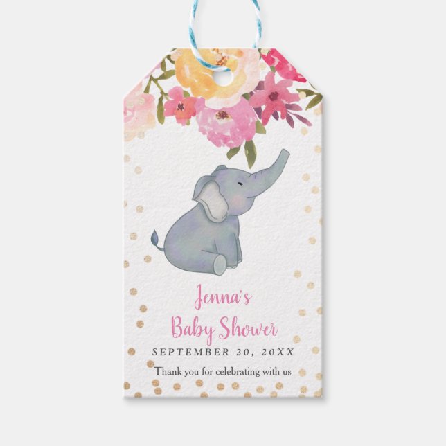 Elephant Pink Floral Baby Dusche Vielen Dank Geschenkanhänger (Vorderseite)