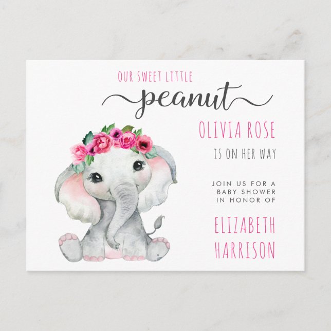Elephant Pink Floral Baby Girl Dusche Einladungspostkarte (Vorderseite)