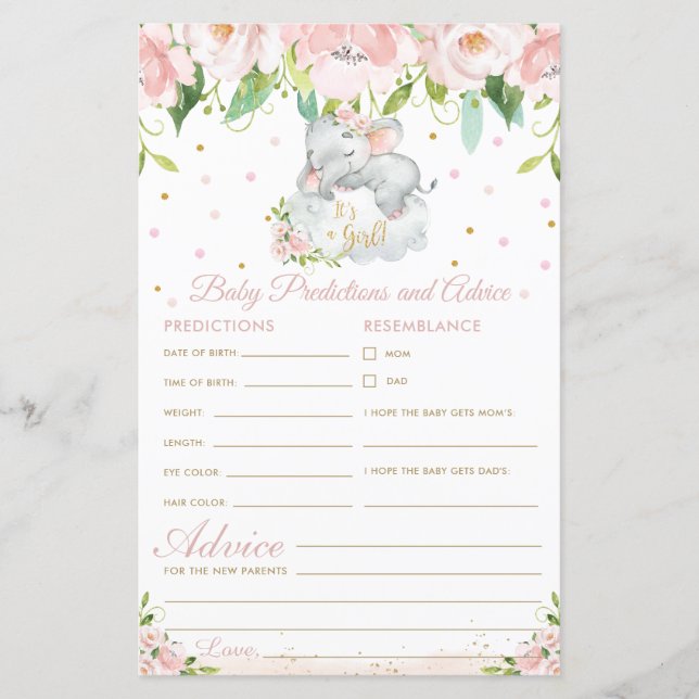 Elephant Pink Floral Baby Predictions Karte (Vorderseite)