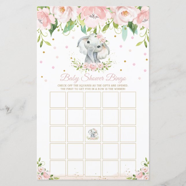 Elephant Pink Floral Baby Shower Bingo Game (Vorderseite)