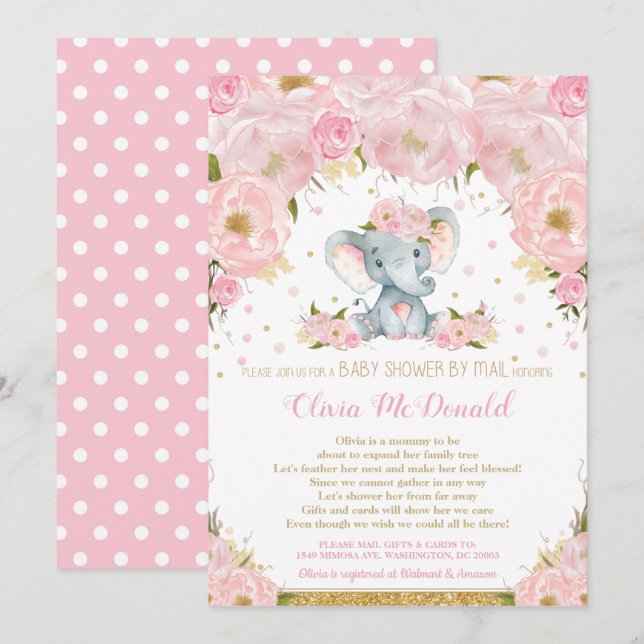 Elephant Pink Floral Baby Shower von Mail Girl Einladung (Vorne/Hinten)