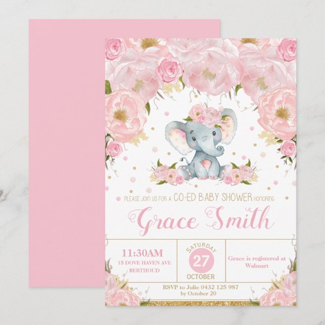 Elephant Pink Floral Co-Ed Baby Shower Girl Einladung (Vorne/Hinten)