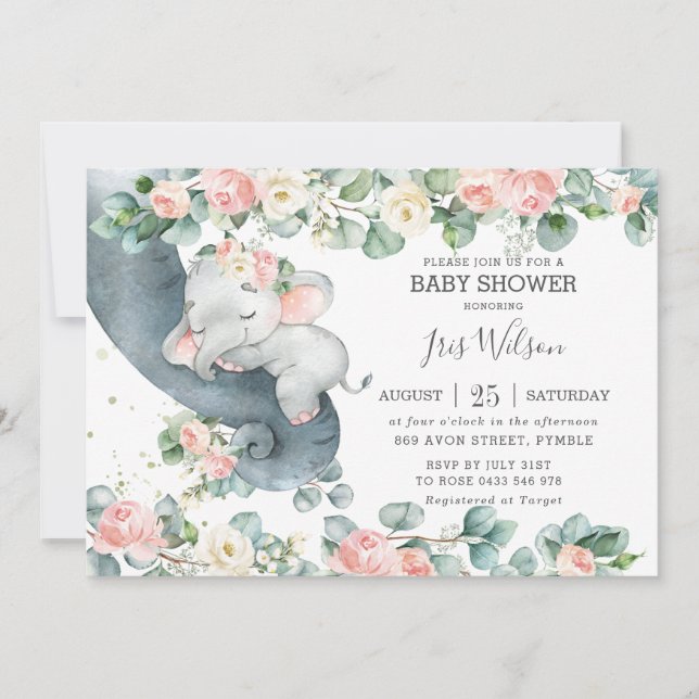 Elephant Pink Floral Greenery Baby Dusche Einladung (Vorderseite)