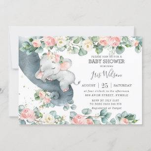 Elephant Pink Floral Greenery Baby Dusche Einladung
