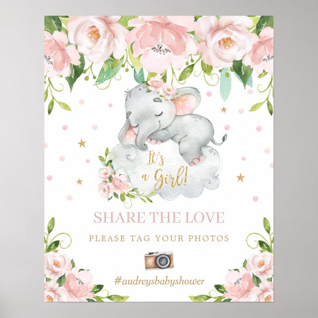 Elephant Pink Floral Teilen Sie die Liebe auf Ihre Poster (Vorne)