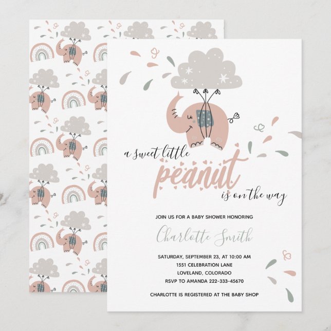 Elephant Pink Niedlich Girl's Baby Shower Einladung (Vorne/Hinten)