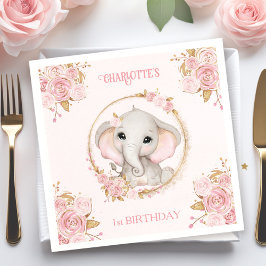 Elephant Pink Rose Floral 1. Geburtstag Napkins Serviette